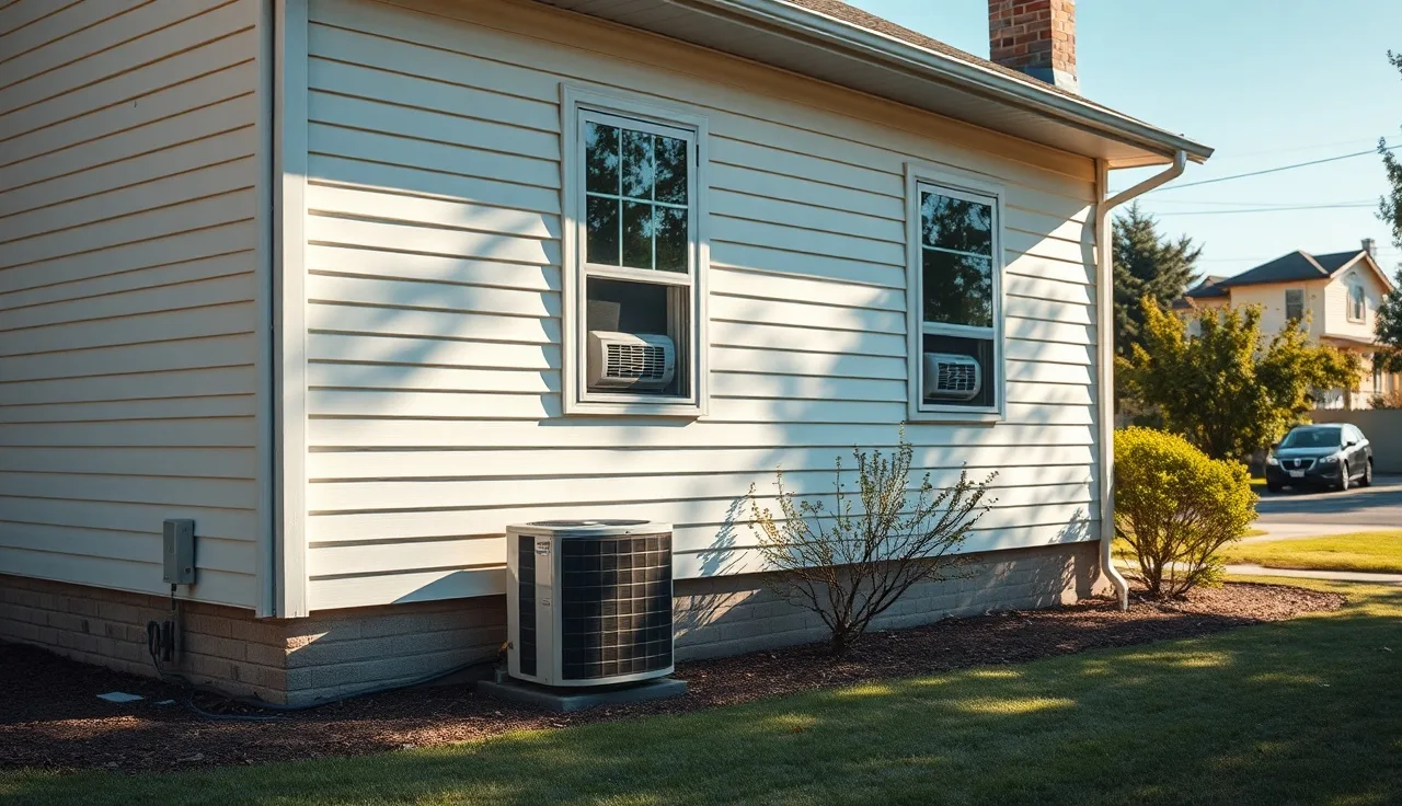 Home exterior with window AC units and no central air conditioning condenser unit
