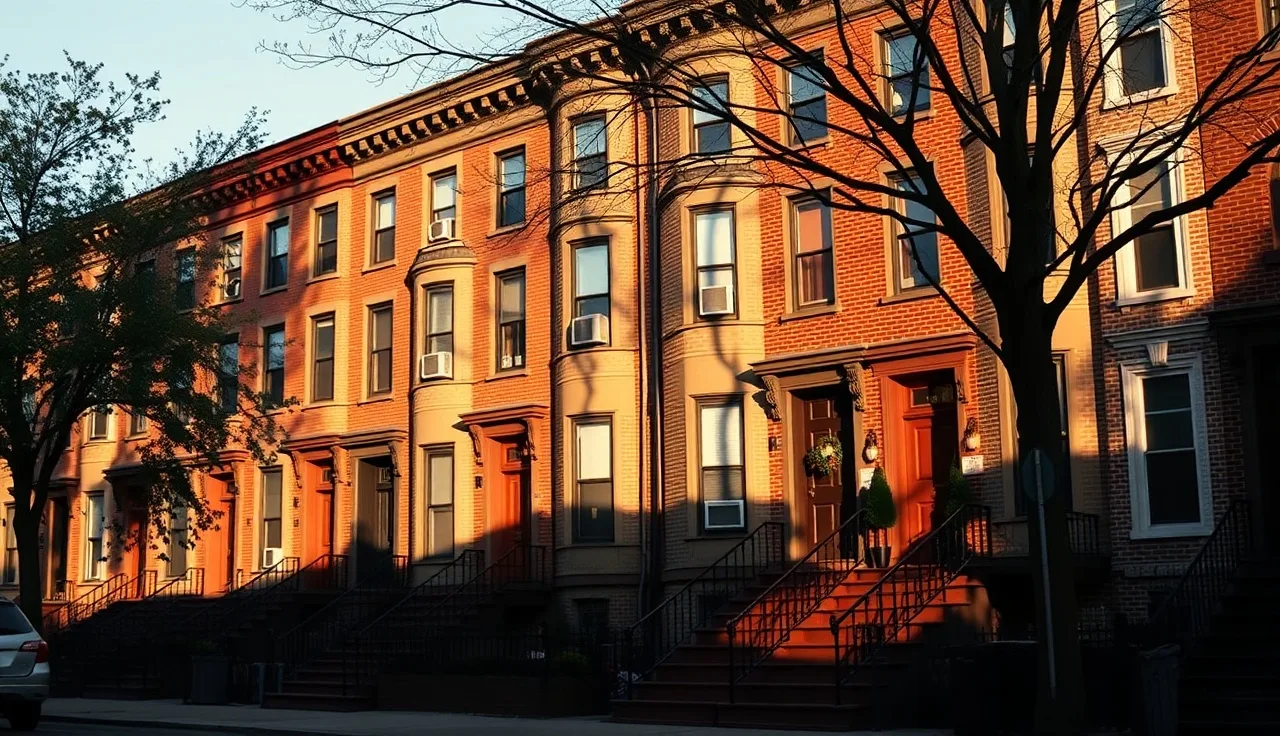 Brooklyn brownstone row houses on a quiet residential street in morning light