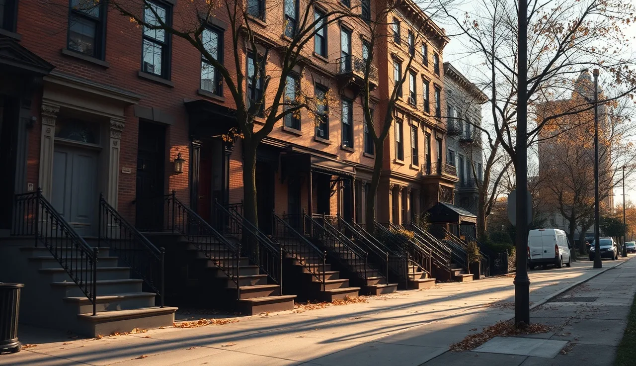 Brooklyn brownstone row and apartment building under warm afternoon light