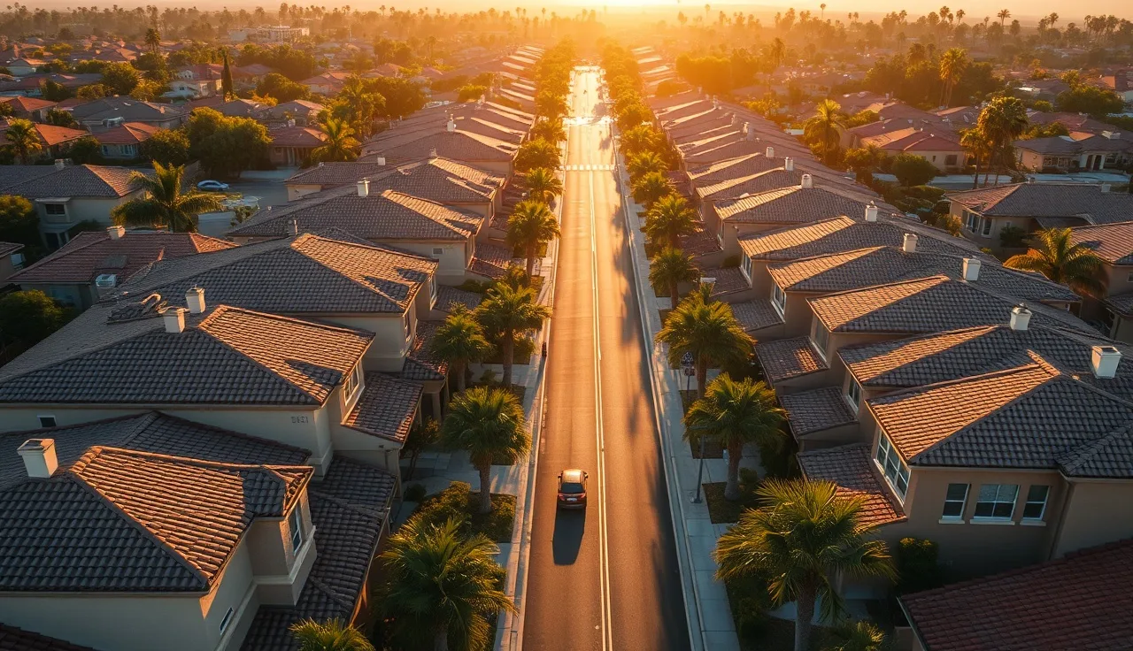 Aerial view of Orange County neighborhood homes at golden hour for property tax article