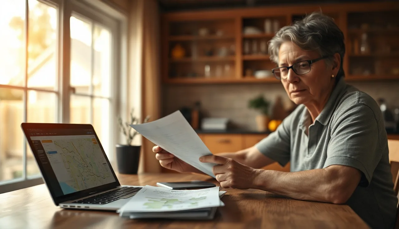 Homeowner reviewing property assessment documents at kitchen table with laptop
