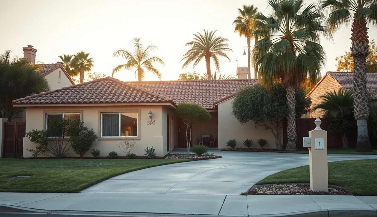 Stucco house with terracotta roof in a Los Angeles neighborhood on a sunny morning