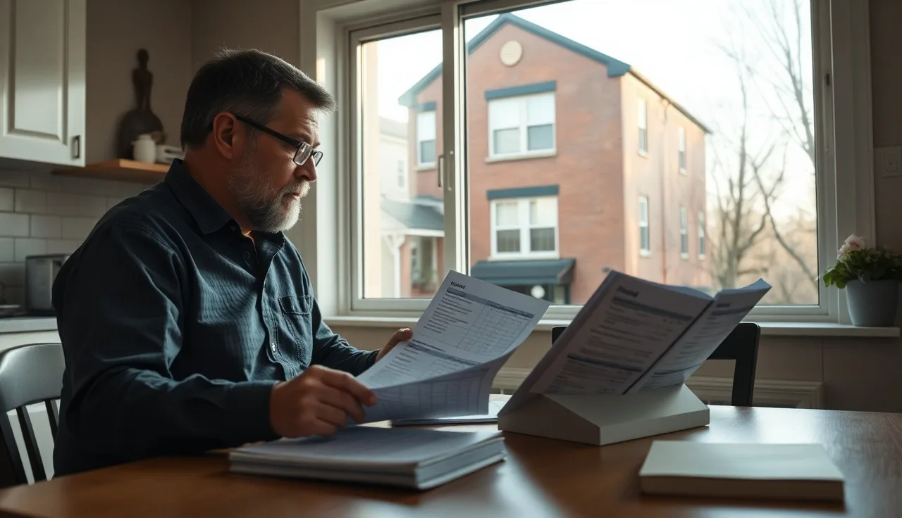 Landlord reviewing rental property income records at a table, duplex visible outside