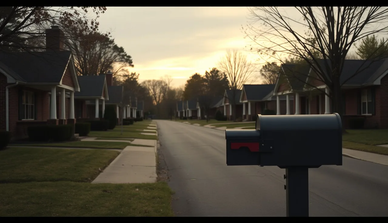 Suburban residential street with brick homes at late afternoon, property tax context