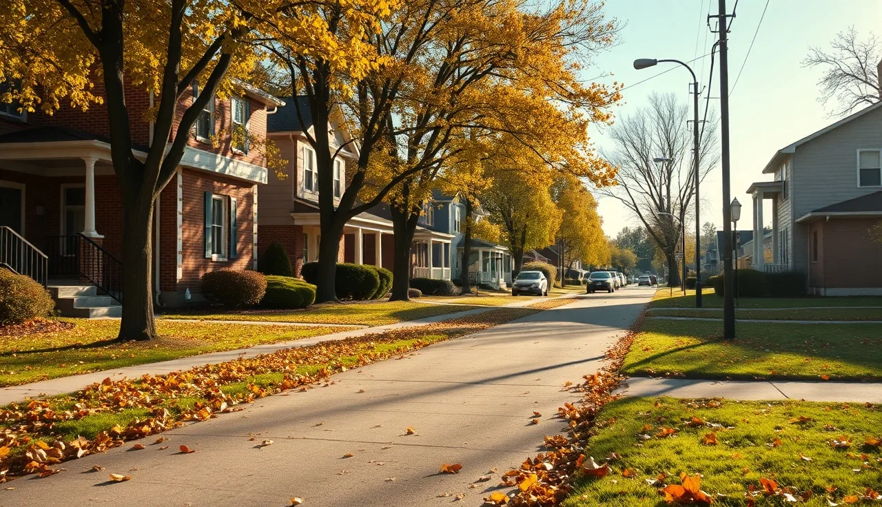 Quiet suburban street with brick homes under golden autumn light, property tax concept