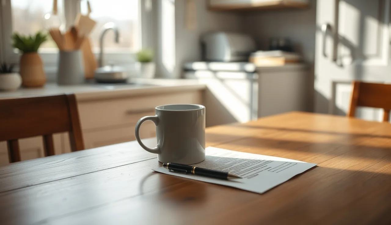 Open escrow statement on a kitchen table beside a coffee mug, morning light