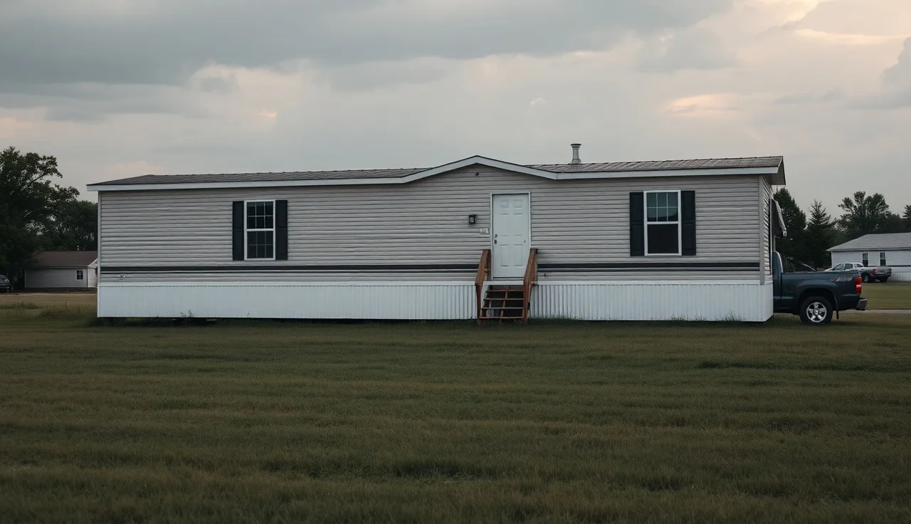 Manufactured home on permanent foundation in a rural lot, late afternoon light