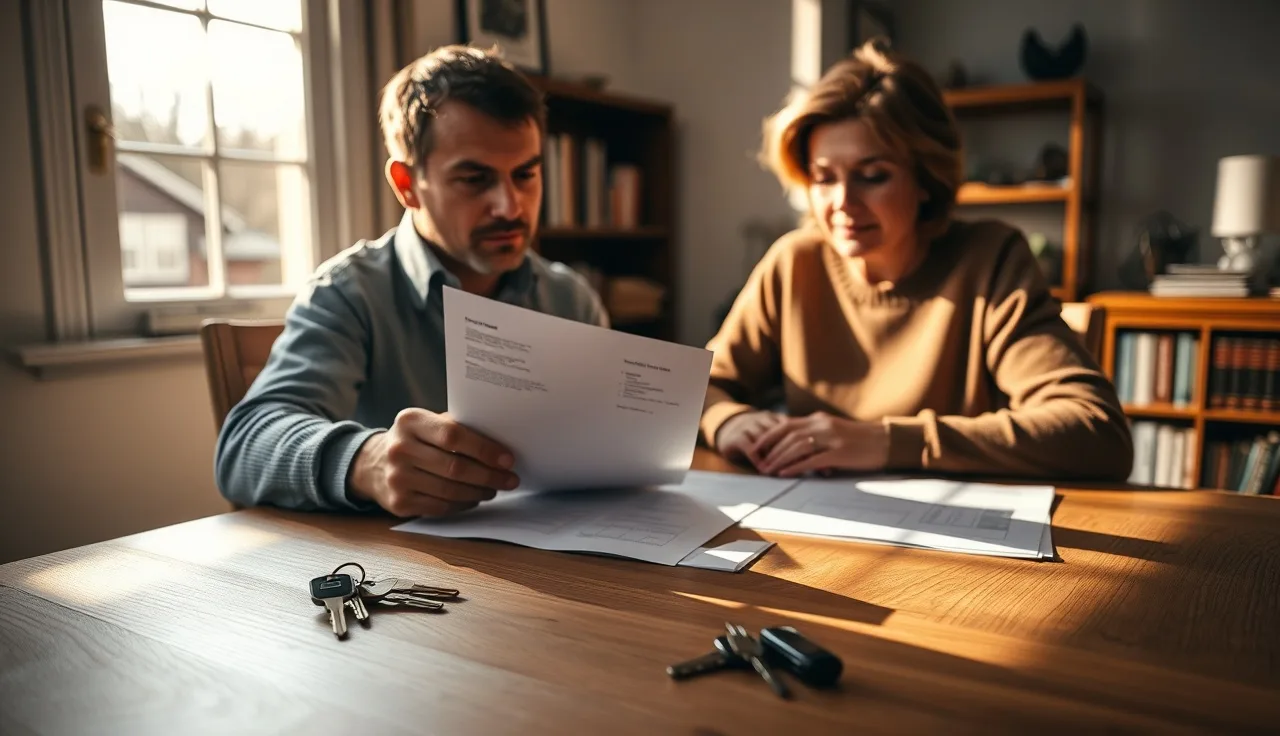 Buyer and seller reviewing property tax proration documents at a table with house keys
