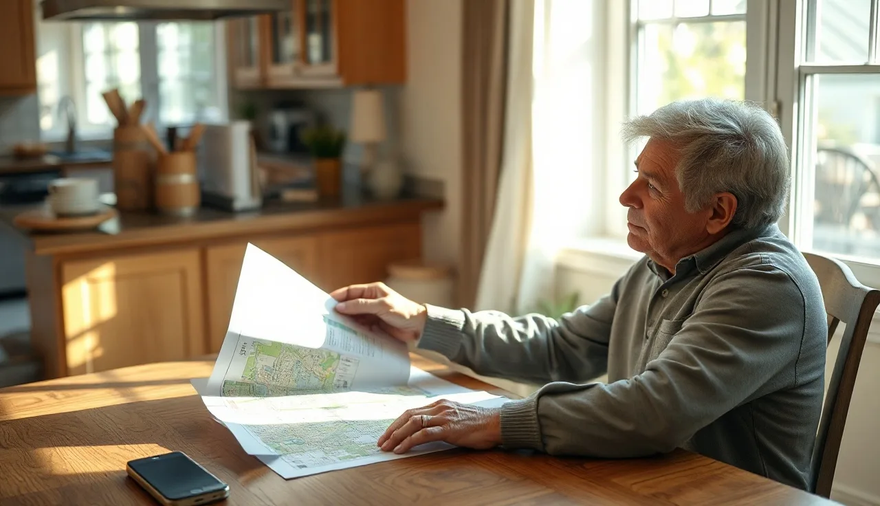 Homeowner reviewing property tax records at a kitchen table with neighborhood map