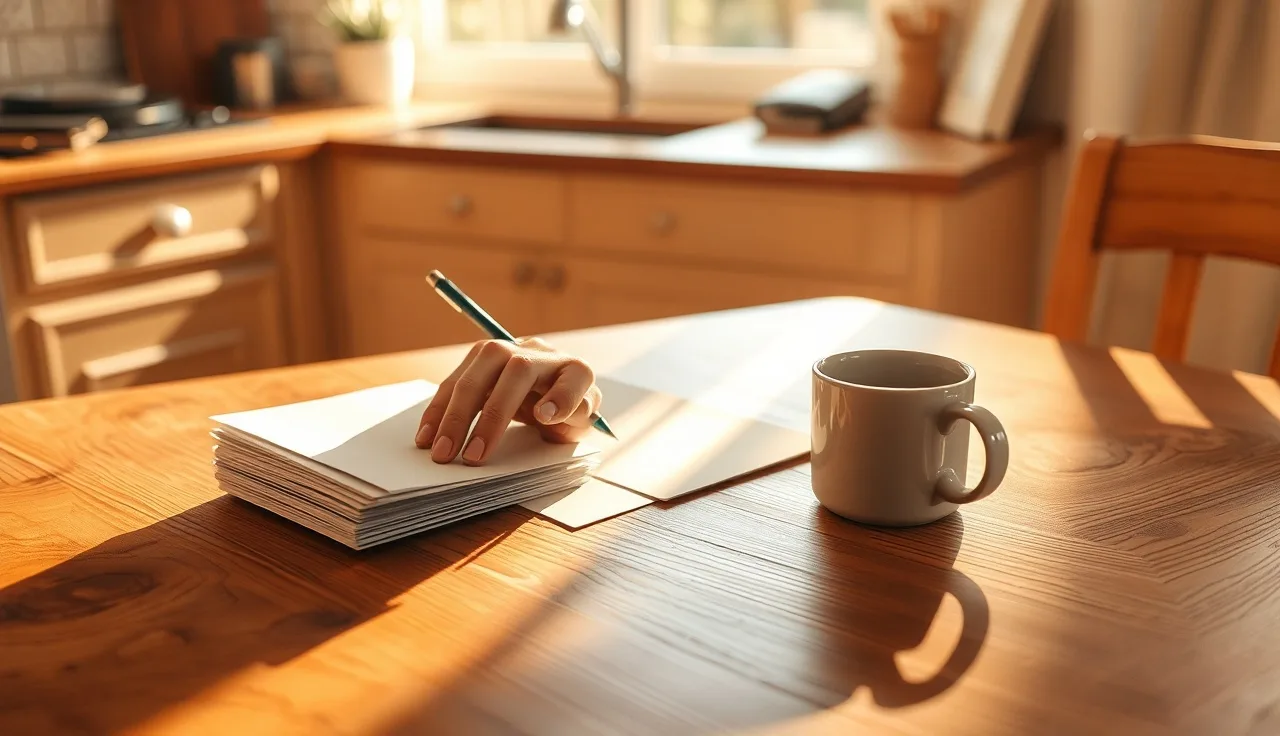 Homeowner writing a property tax payment check at a kitchen table