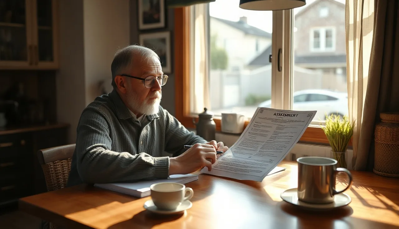 Homeowner reviewing a property tax assessment notice at kitchen table