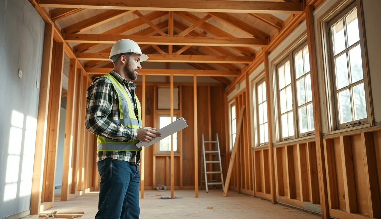 Inspector reviewing old craftsman bungalow framing and plaster walls during property assessment