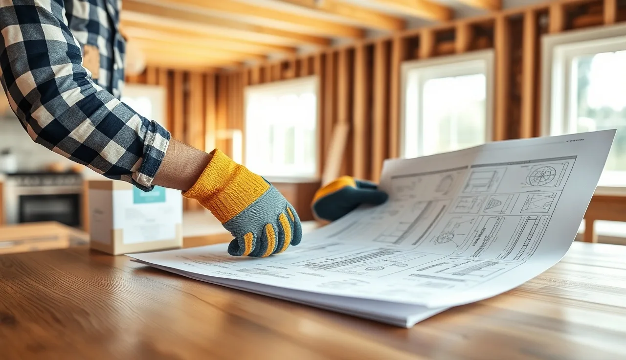 Contractor reviewing blueprints at kitchen table during home addition construction