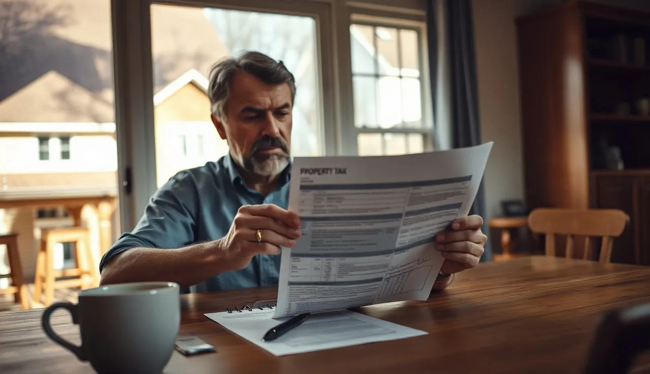 Homeowner reviewing a property tax assessment notice at kitchen table