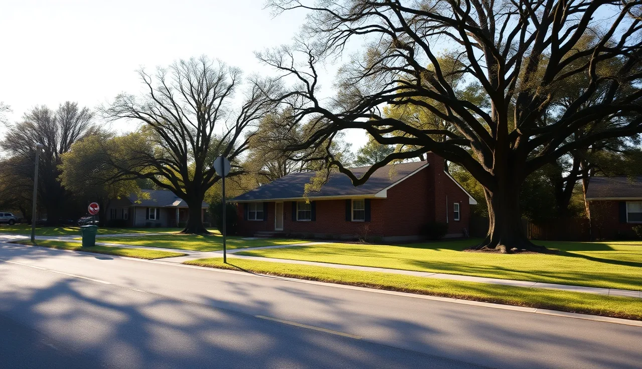 Brick ranch house on a quiet Tennessee residential street in spring morning light