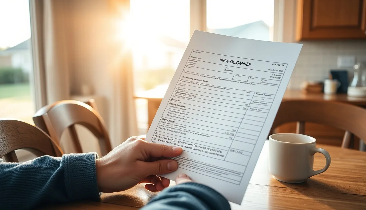 New homeowner reviewing a property tax document at a kitchen table after purchase