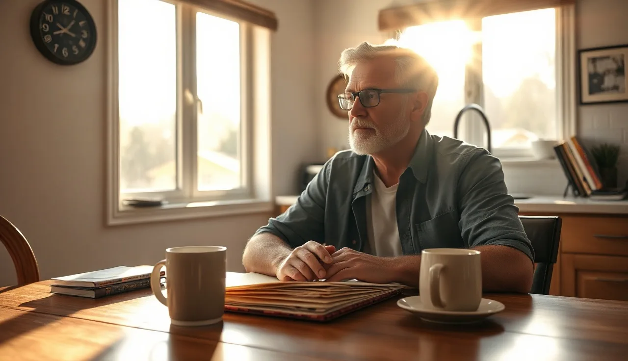 Homeowner reviewing property assessment papers at a sunlit kitchen table