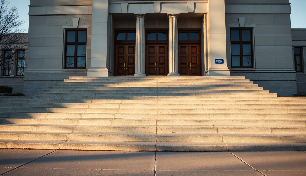 County courthouse stone steps in afternoon light, site of tax deed sales