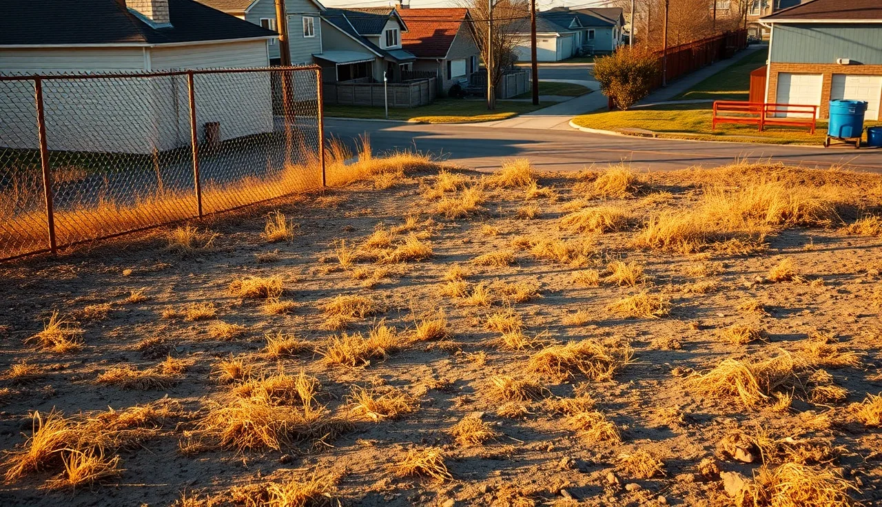 Empty vacant lot with chain-link fence showing no structures on bare land