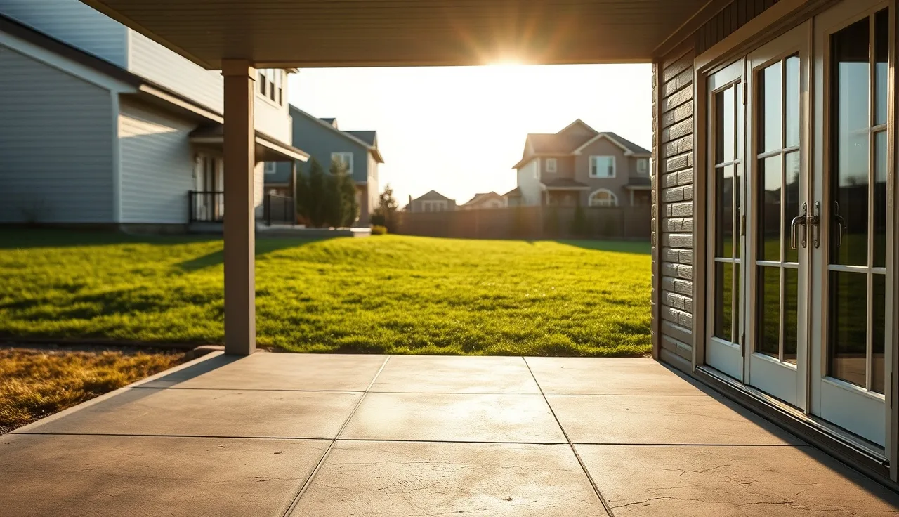 Exposed walk-out basement level of a house with glass door at grade and sunlit patio