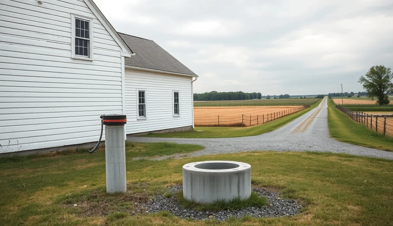 Rural farmhouse with a private wellhead visible in the front yard