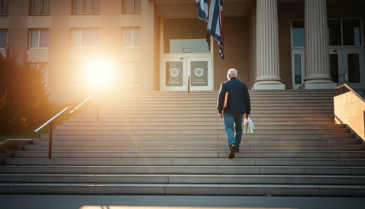 Property owner walking up county assessor office steps during morning light