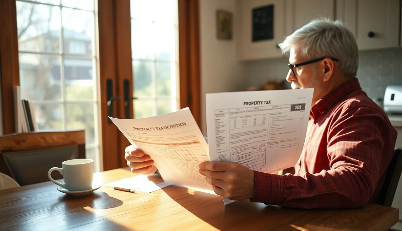 Homeowner reviewing property tax assessment documents at kitchen table in morning light