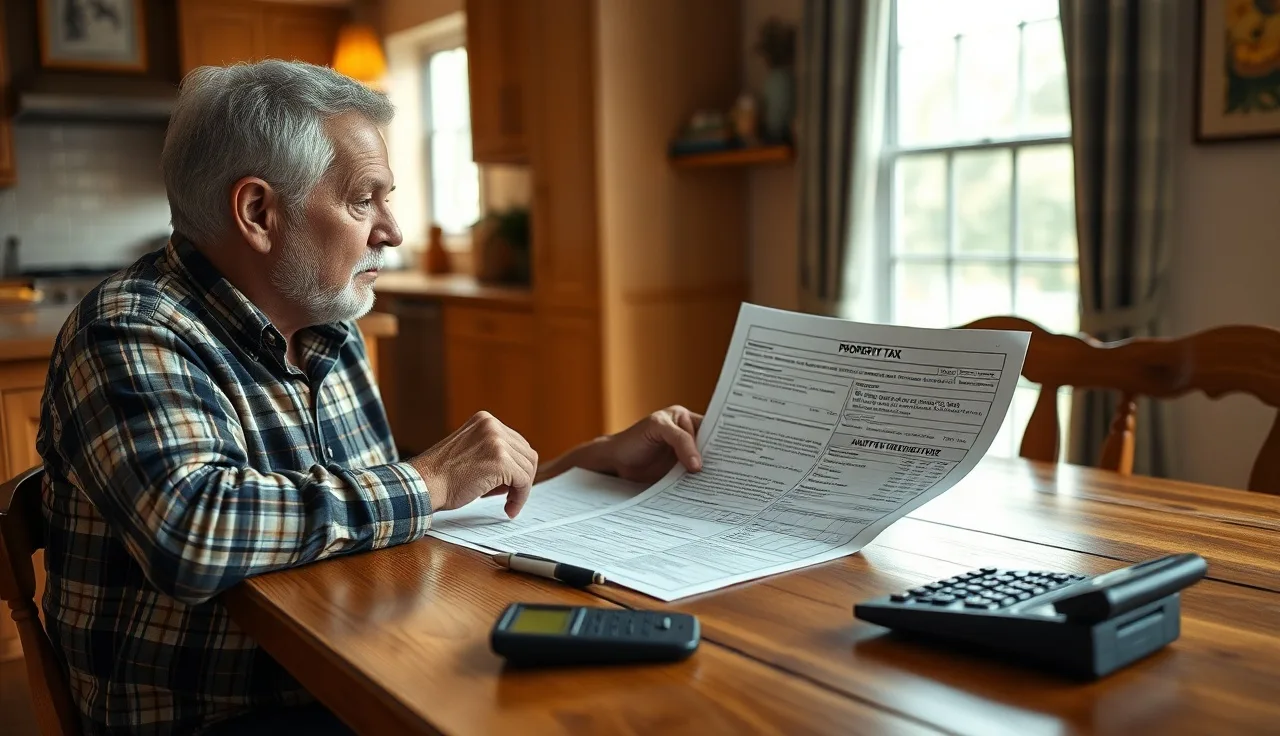Homeowner reviewing property tax bill at kitchen table with calculator nearby