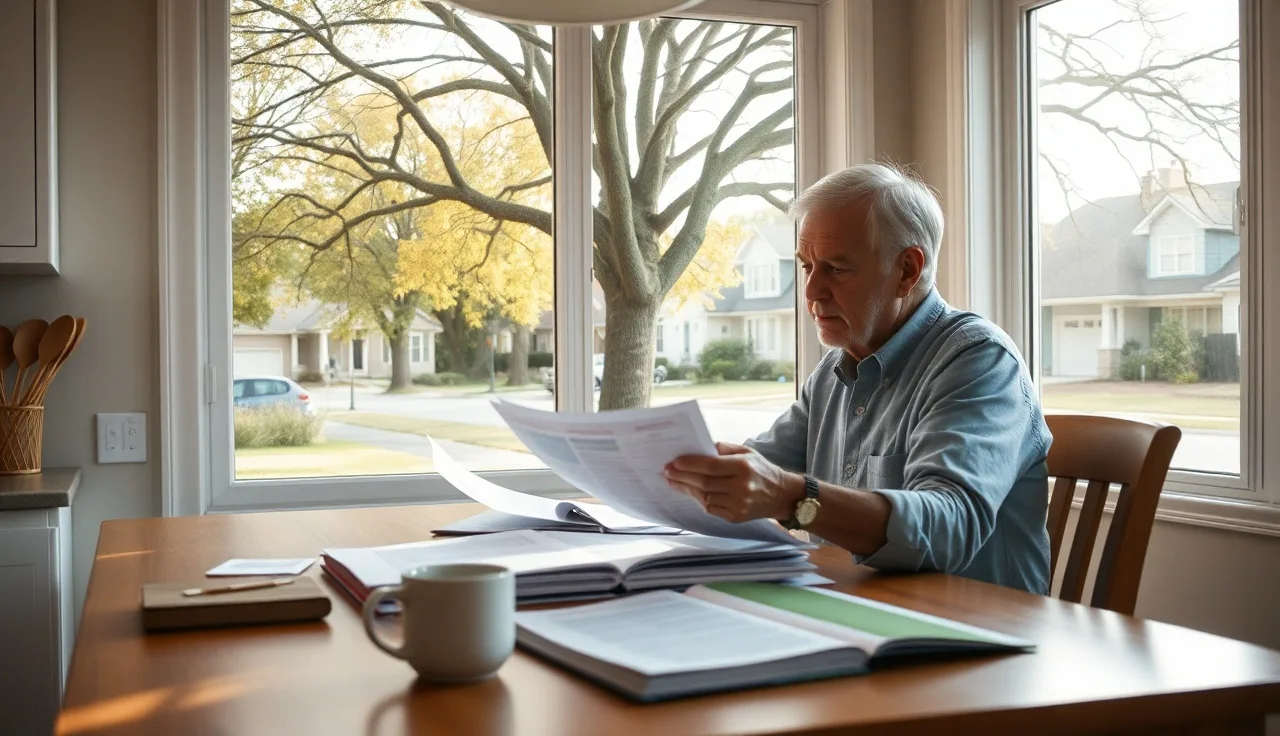 Homeowner reviewing property tax assessment papers at a kitchen table