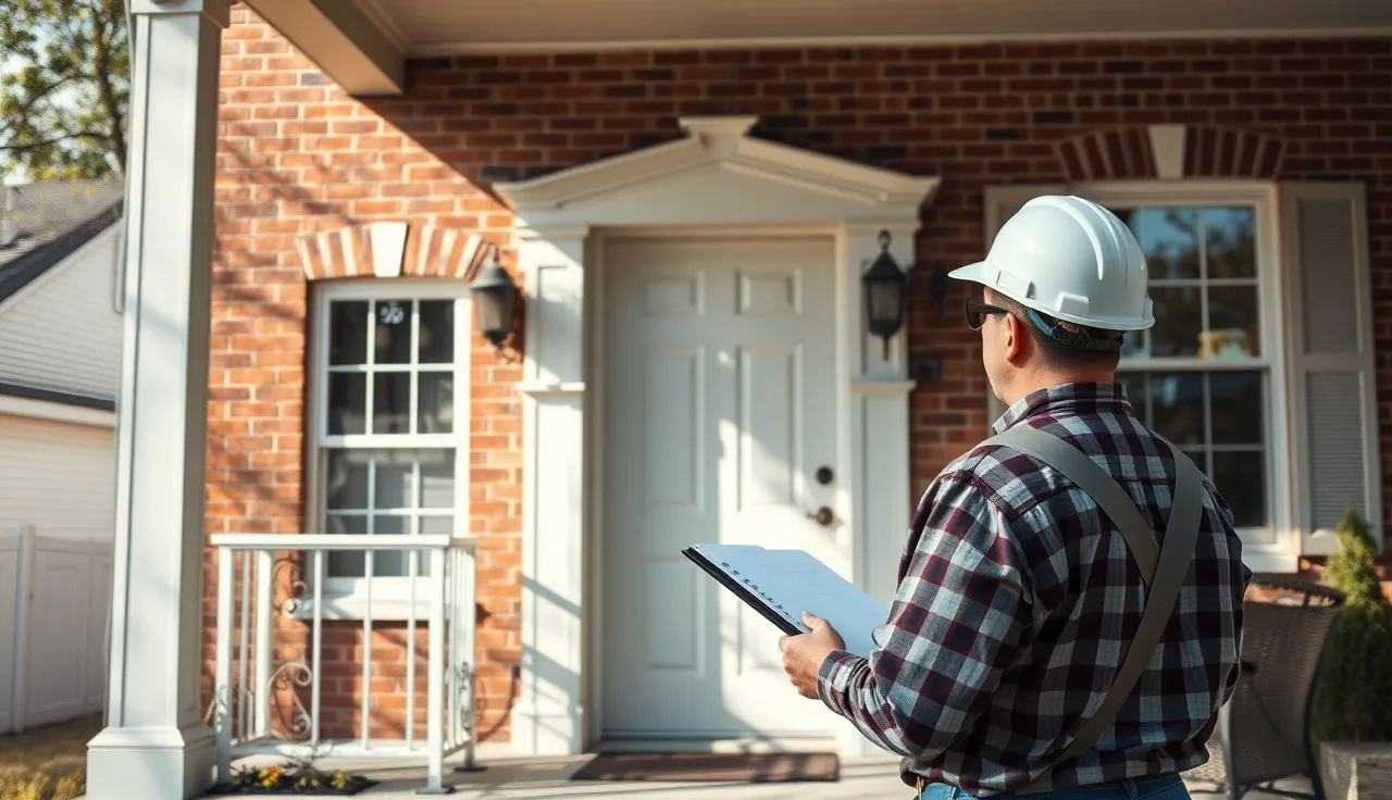 County assessor standing on porch of brick house with clipboard, door closed