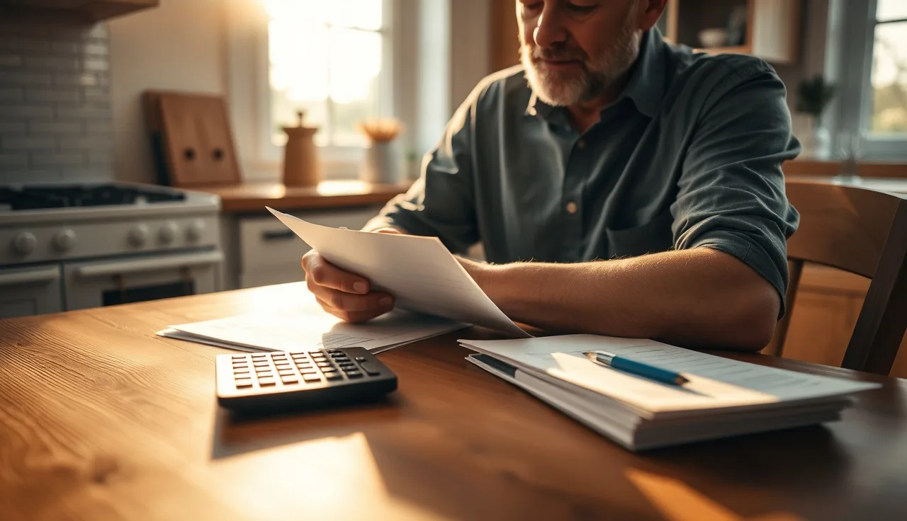 Homeowner reviewing property tax bill and calculator at kitchen table