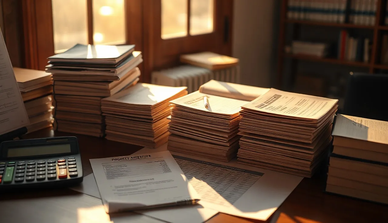 County assessor desk with property record folders and printed spreadsheet showing assessment ratios