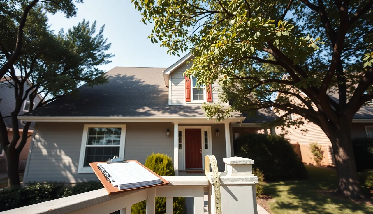 Suburban home exterior with measuring tape on porch railing, cost approach assessment