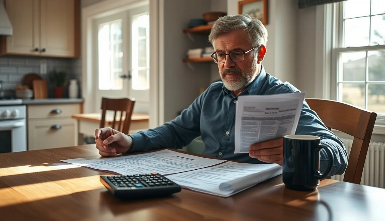 Homeowner reviewing property tax documents at kitchen table with calculator