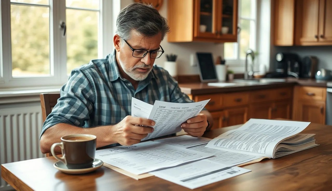 Homeowner reviewing property assessment history documents at kitchen table