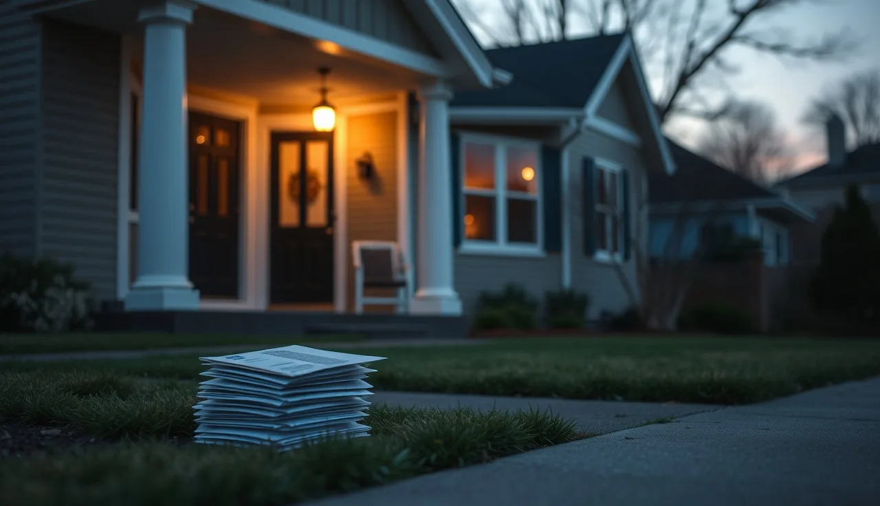 Suburban home at dusk with unopened mail on the front step after property purchase