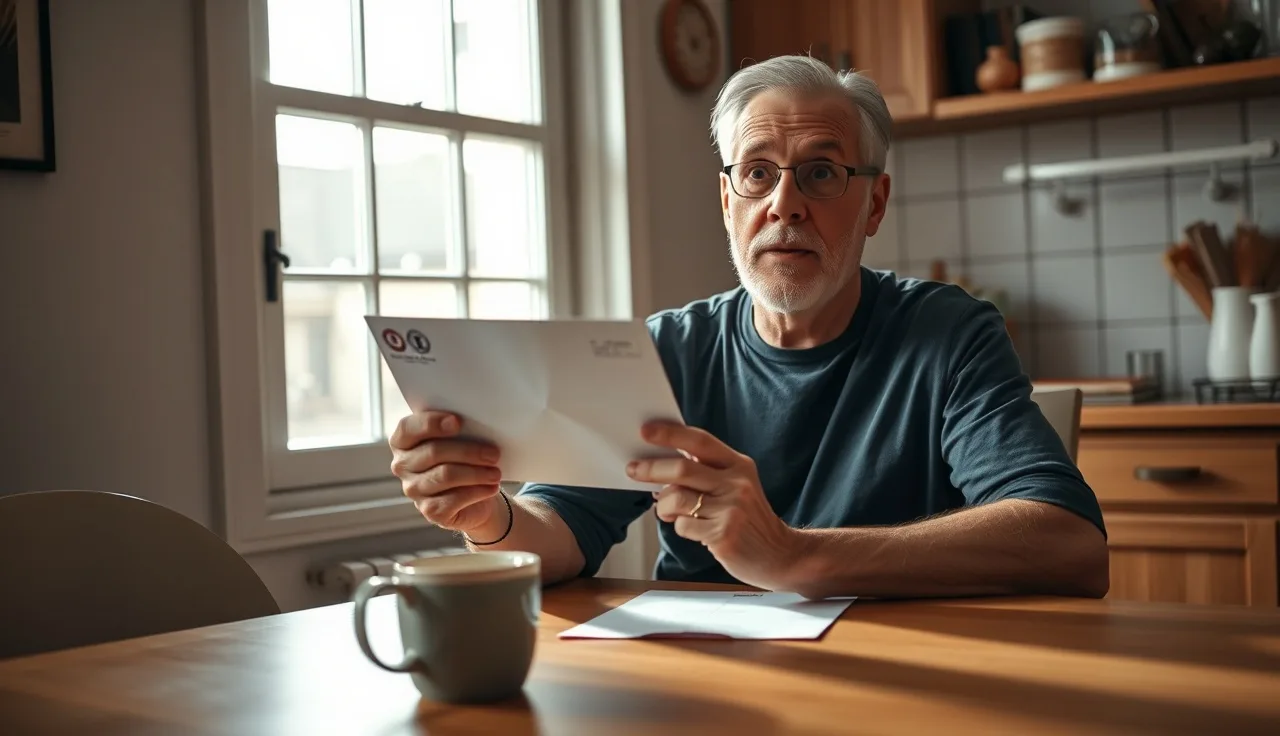 Homeowner at kitchen table looking surprised at a property tax assessment notice