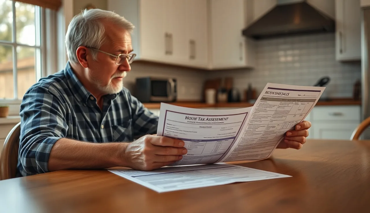 Homeowner comparing property tax assessment notice with home sale data at kitchen table