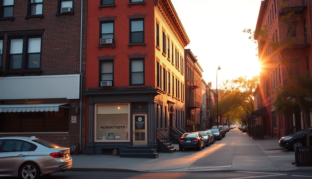 Three-story Brooklyn brownstone with ground floor commercial space on a residential street