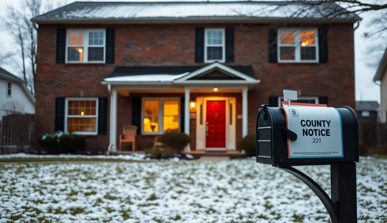 Suburban Hennepin County brick home in winter with property tax notice in mailbox