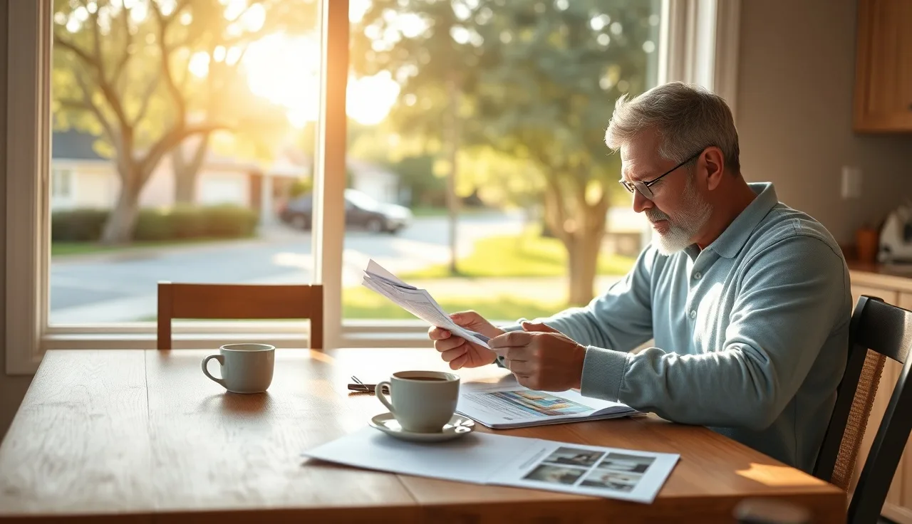 Homeowner reviewing California property tax records at a kitchen table in morning light