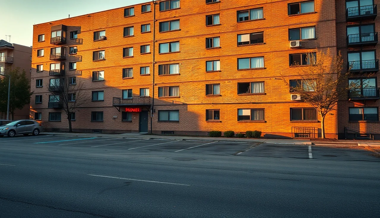 Brick rental apartment building exterior at golden hour on a quiet urban street
