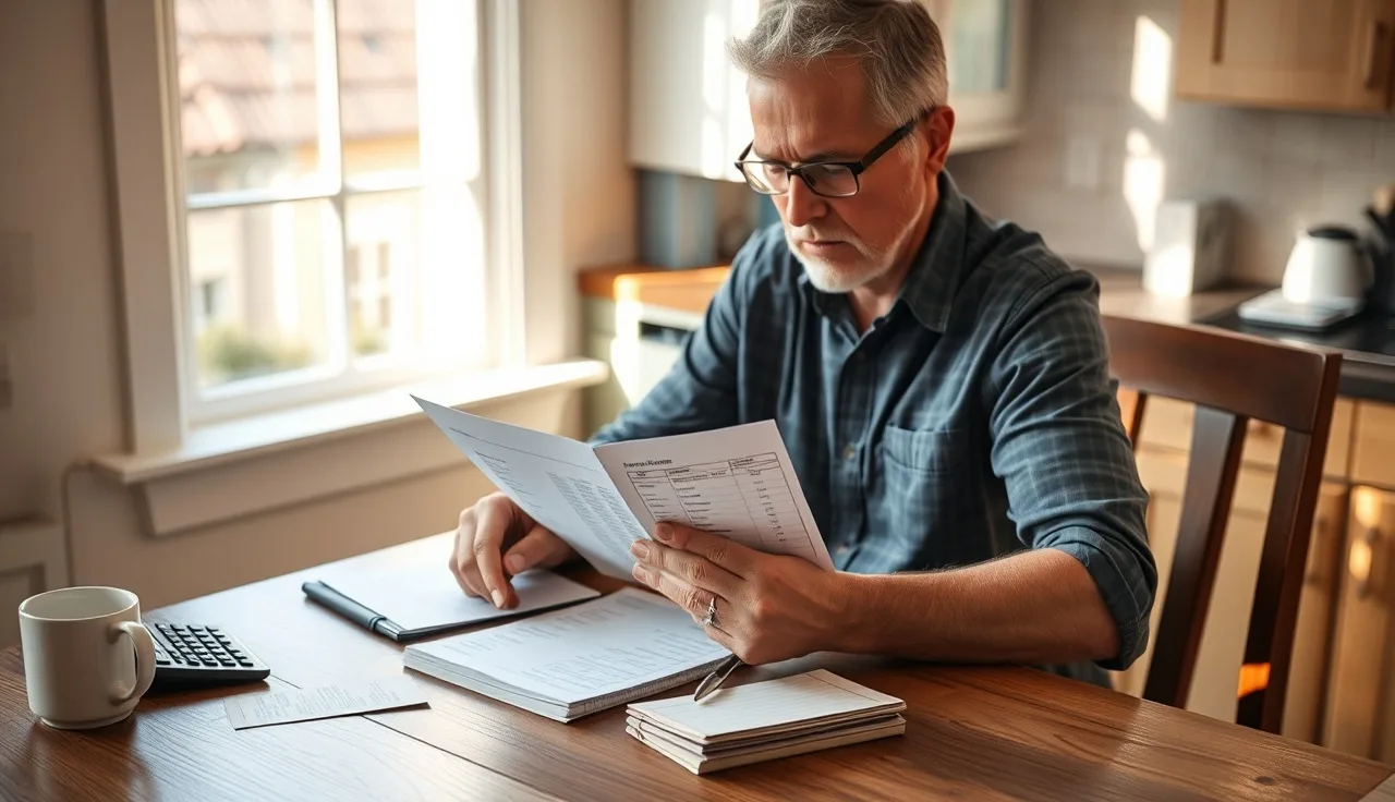 Landlord reviewing rental income records and expense receipts at kitchen table for property tax appeal