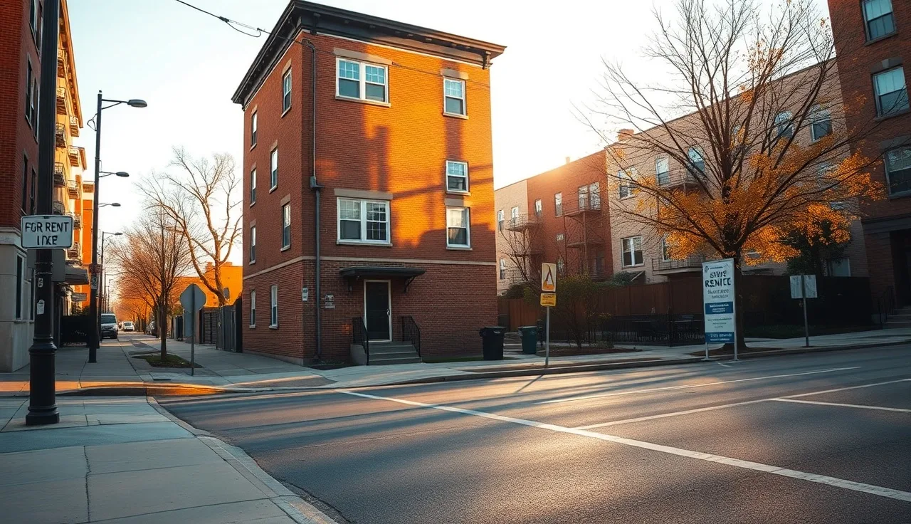 Three-story brick apartment building on a residential street at golden hour