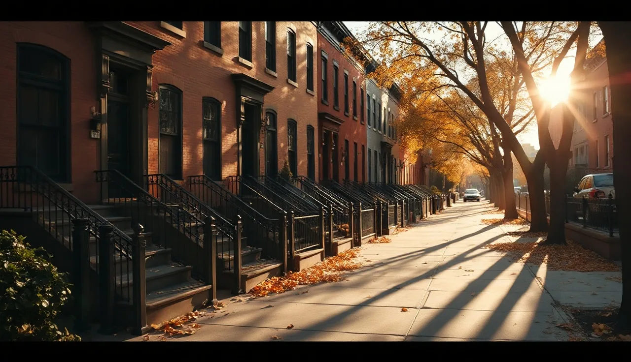 Brooklyn brownstone row houses in autumn morning light, property tax topic