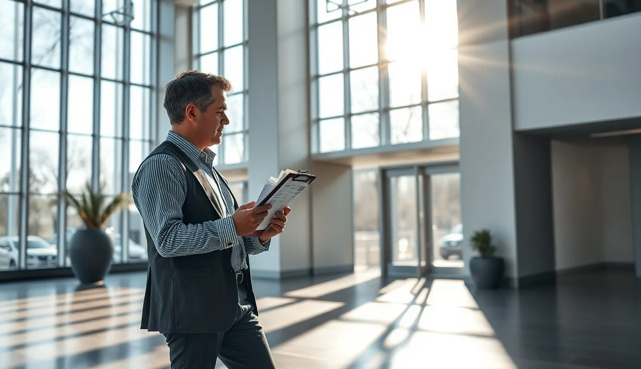 Property manager reviewing income and expense documents inside a commercial building lobby