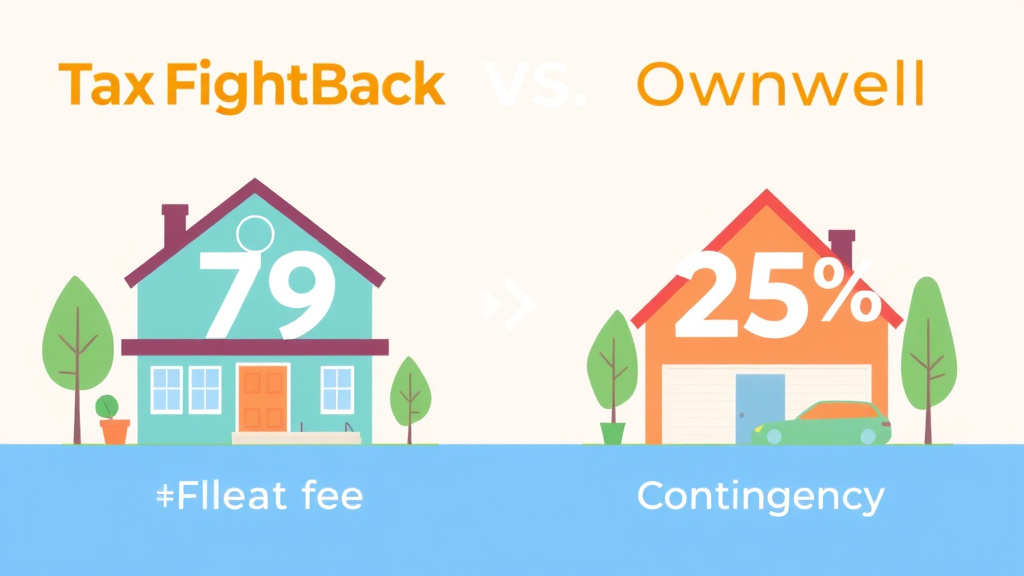 An informative visual explaining taxFightBack vs Ownwell: $79 Flat Fee vs 25% Contingency Compared for beginners and professionals