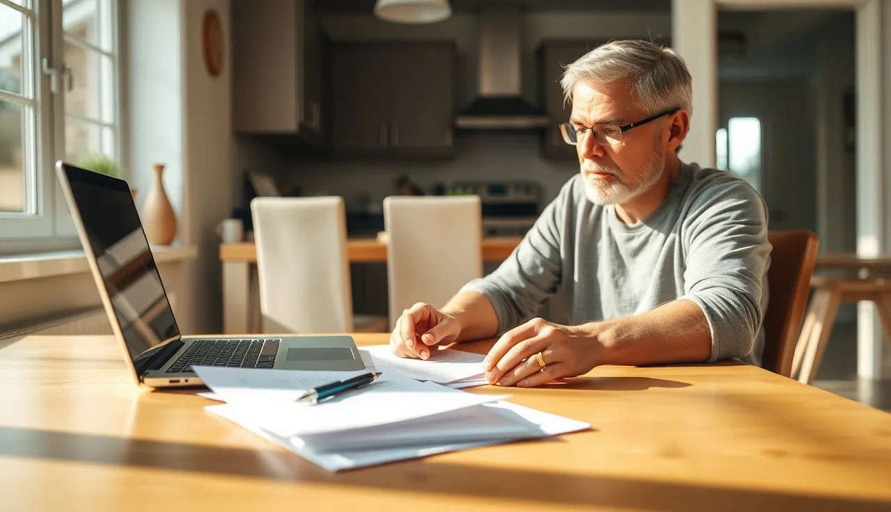 Homeowner reviewing delinquent property tax documents at kitchen table