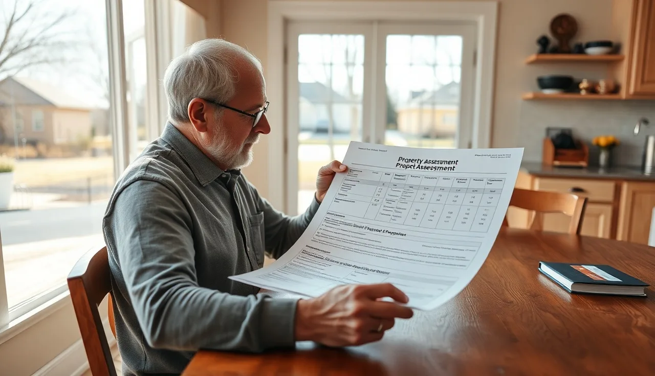 Homeowner reviewing a property tax reassessment notice at a kitchen table