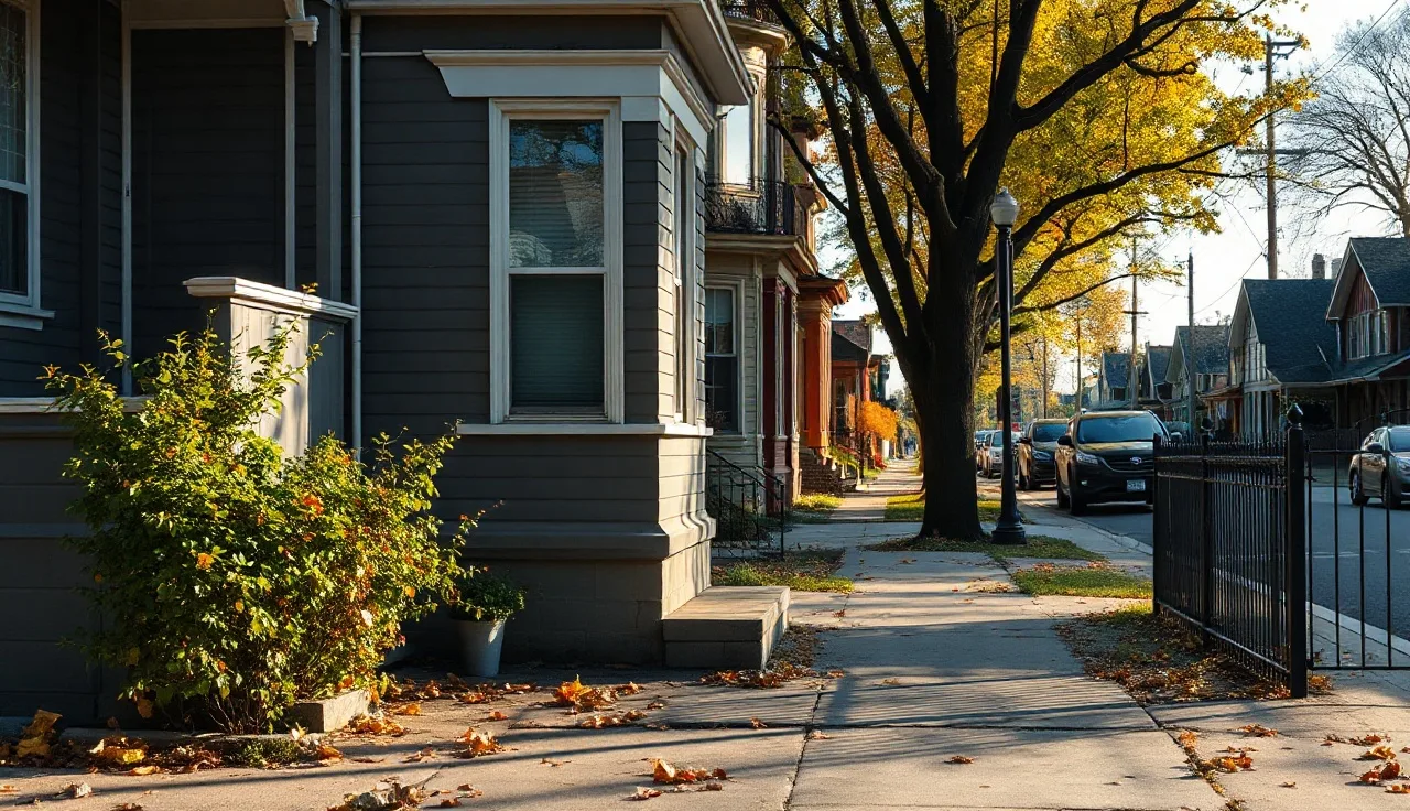 Chicago residential row house on a quiet street during autumn property tax season